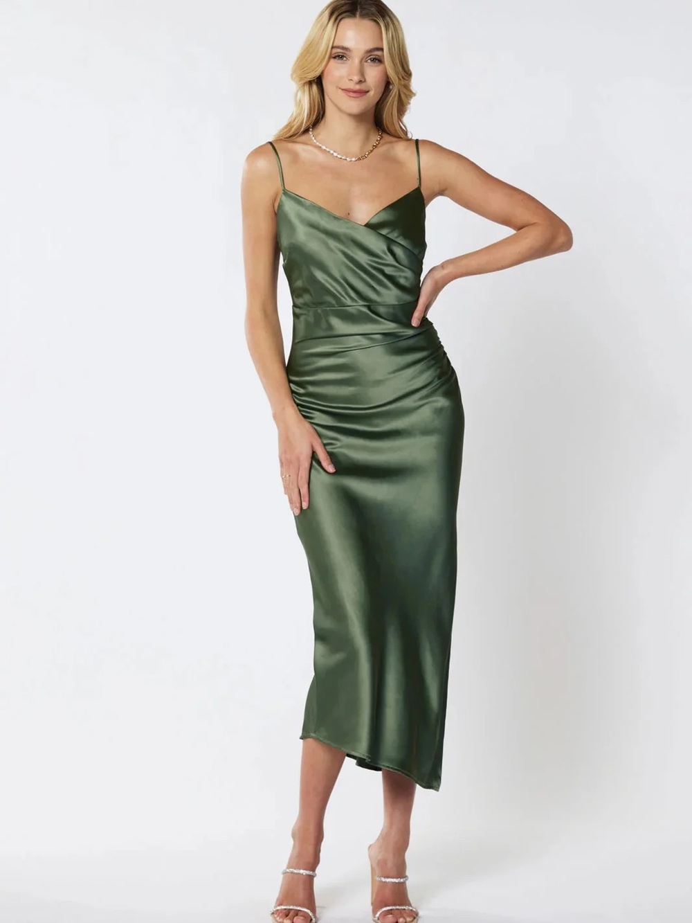 Olive Green Satin Slip midi Dress